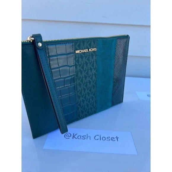 Michael Kors Clutch Wristlet XL Large Top Zip Clutch Purse Racing Green - Picture 1 of 6